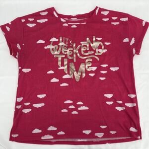 Dip Girls Graphic T-Shirt Pink White All Over Clouds Its Weekend Time Crew XL 16